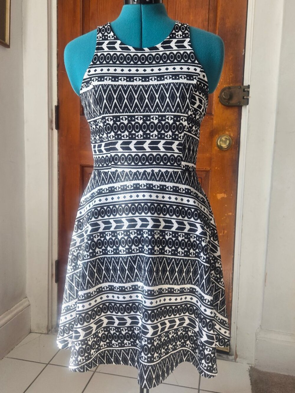 Millibon Geometric Tribal Print Skater Dress Black White Racerback, size M